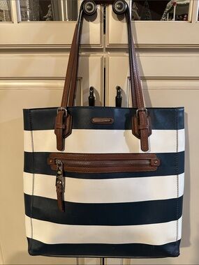 Striped Black and White Tote with Brown Trim